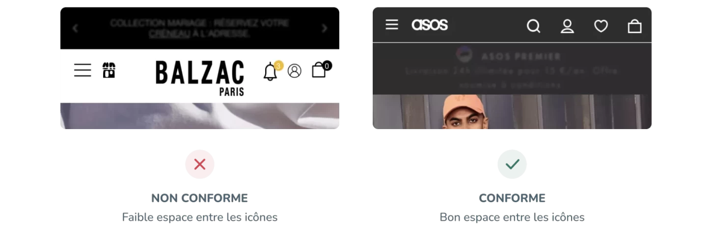 Exemple d'un site avec trop peu d'espace autour des icônes, à côté d'un exemple où l'espace est suffisant.
